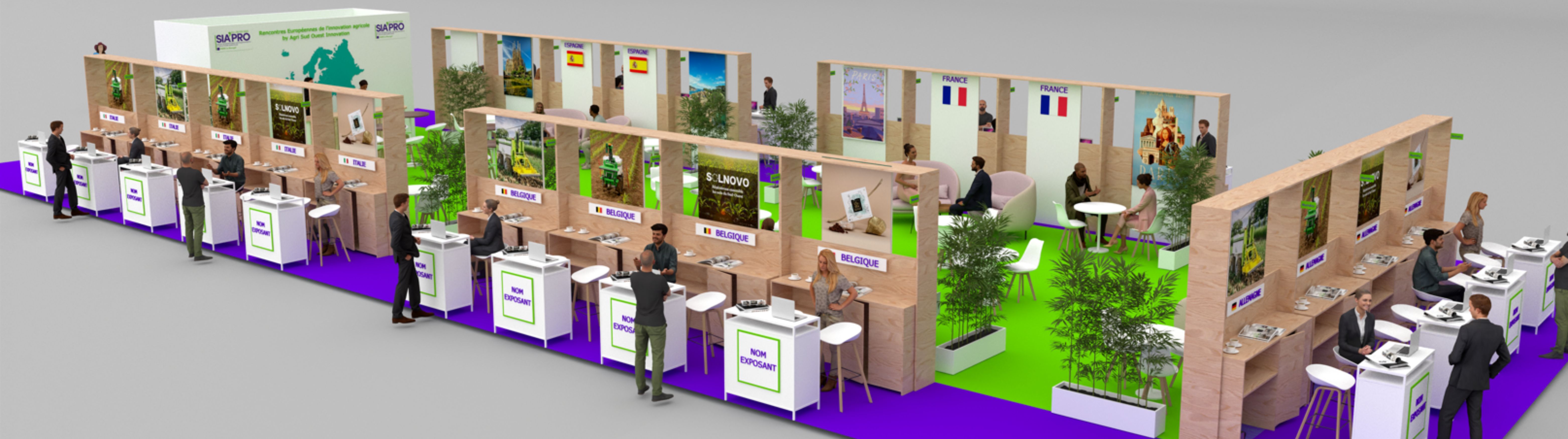 Vue du salon SIA'PRO, avec des stands représentant différents pays, des visuels agricoles et urbains, et des espaces d’échange entre exposants et visiteurs.
